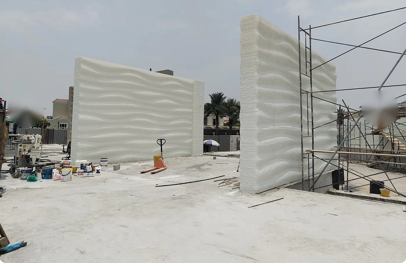 Freshly printed curved concrete walls