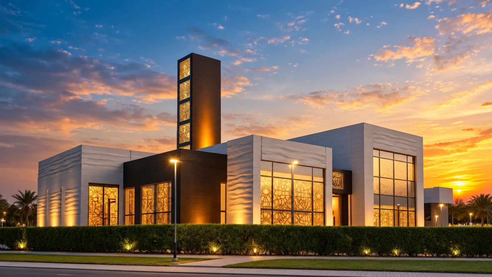 Saddiq Omar Abu Seedo Masjid at sunset, with its lit minaret and textured white walls